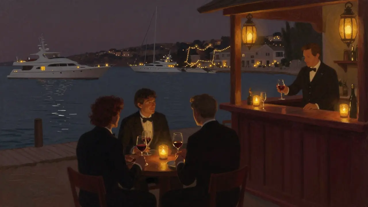 Intimate terrace at L’Abeille overlooking Port Hercules with soft lantern light and yachts in the distance.