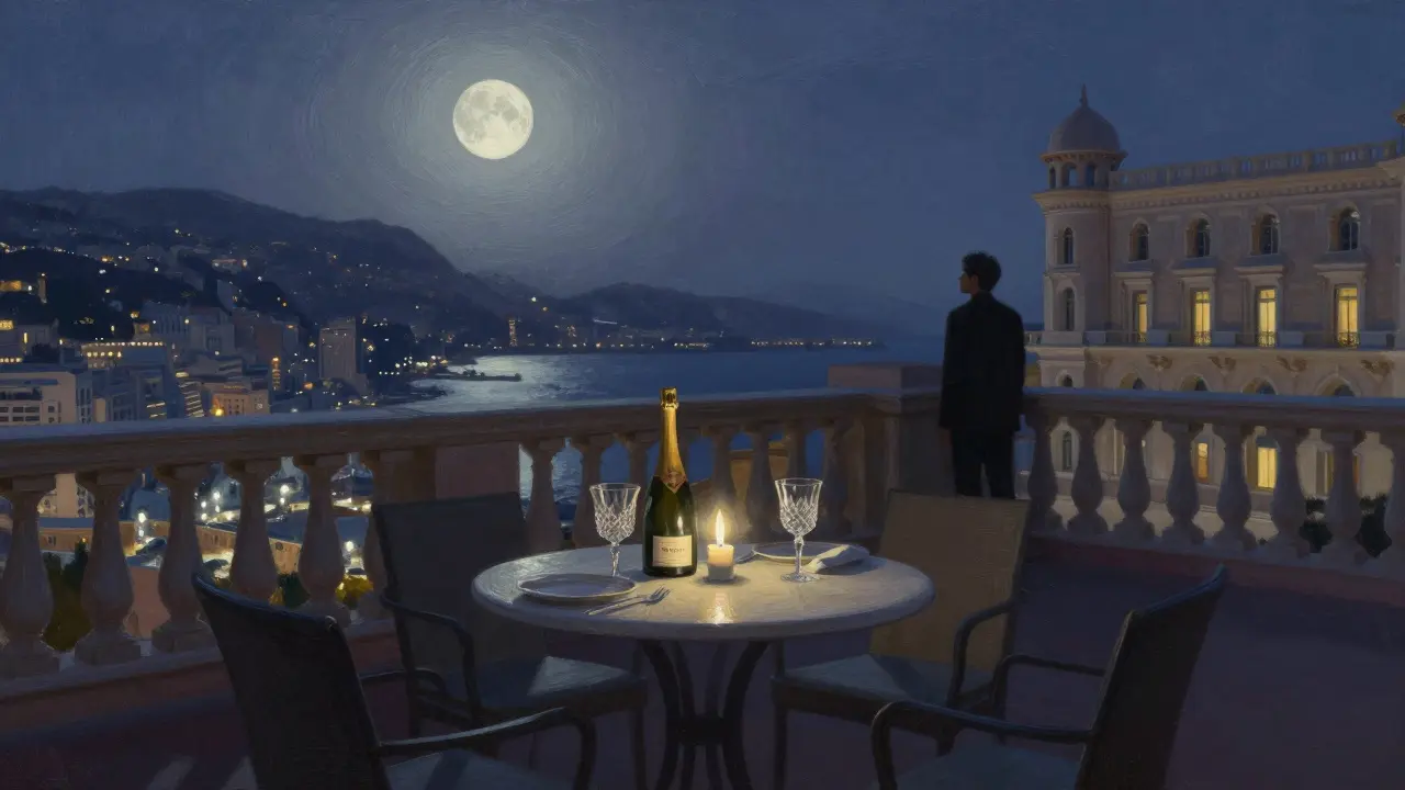 Moonlit royal rooftop terrace with a single candlelit table overlooking Monaco.