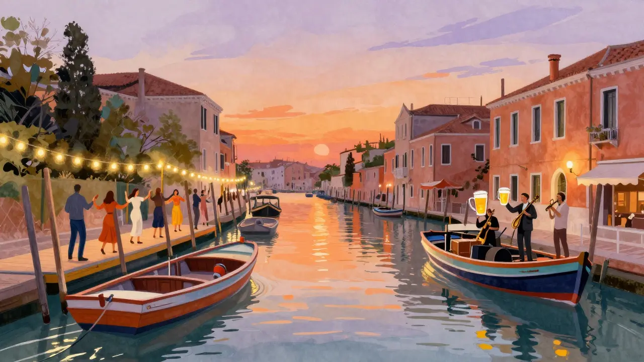 Navigli canals at sunset with people dancing on wooden docks under string lights and live jazz on a floating stage.