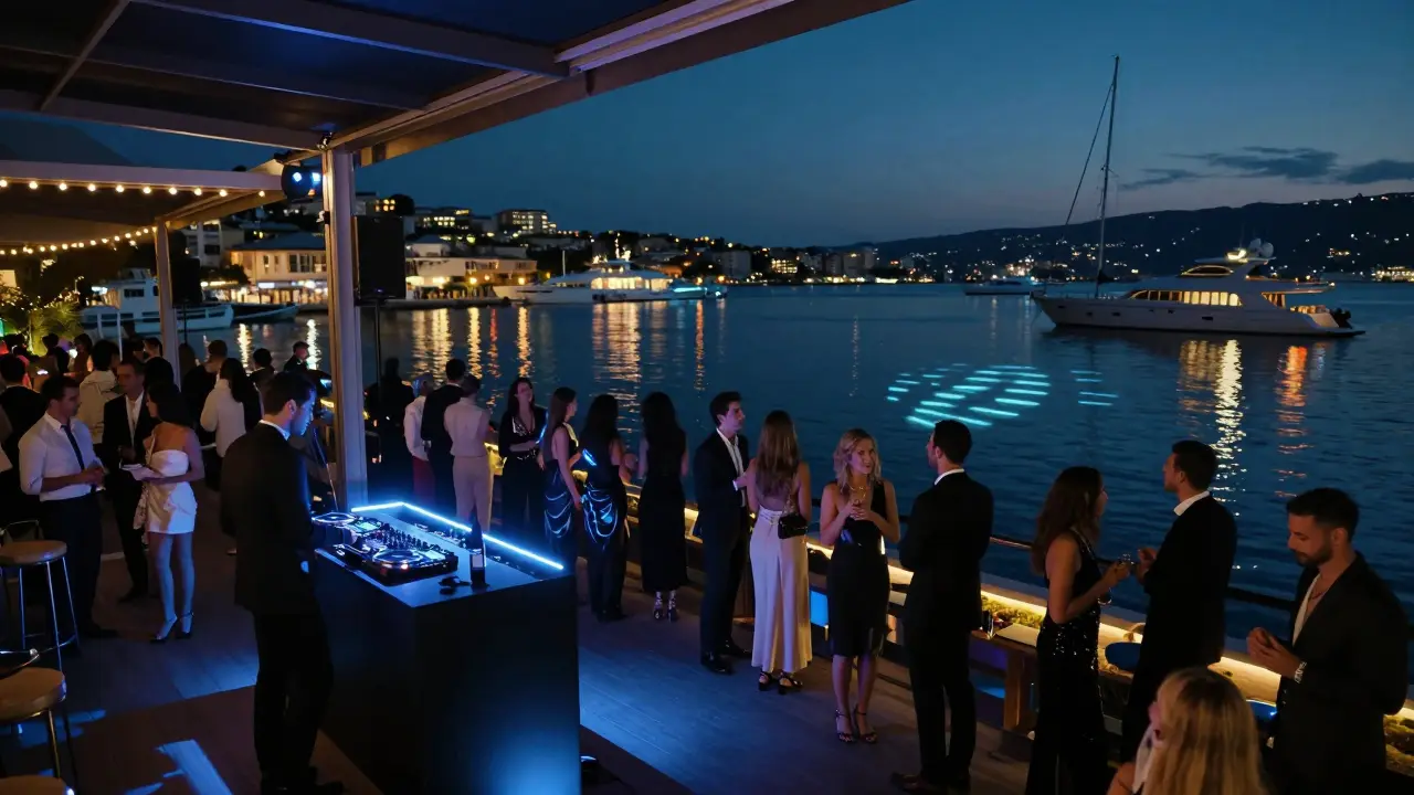 Open-air nightclub overlooking a harbor at night, with guests dancing under string lights and yachts glowing in the distance.