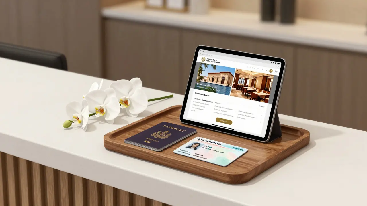 Passport and booking confirmation on hotel desk with orchids in Dubai