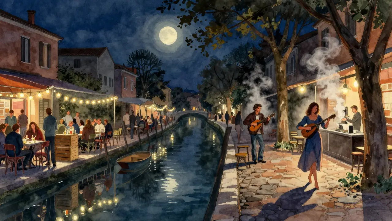 People dancing barefoot by Navigli canals under string lights while a musician plays mandolin.