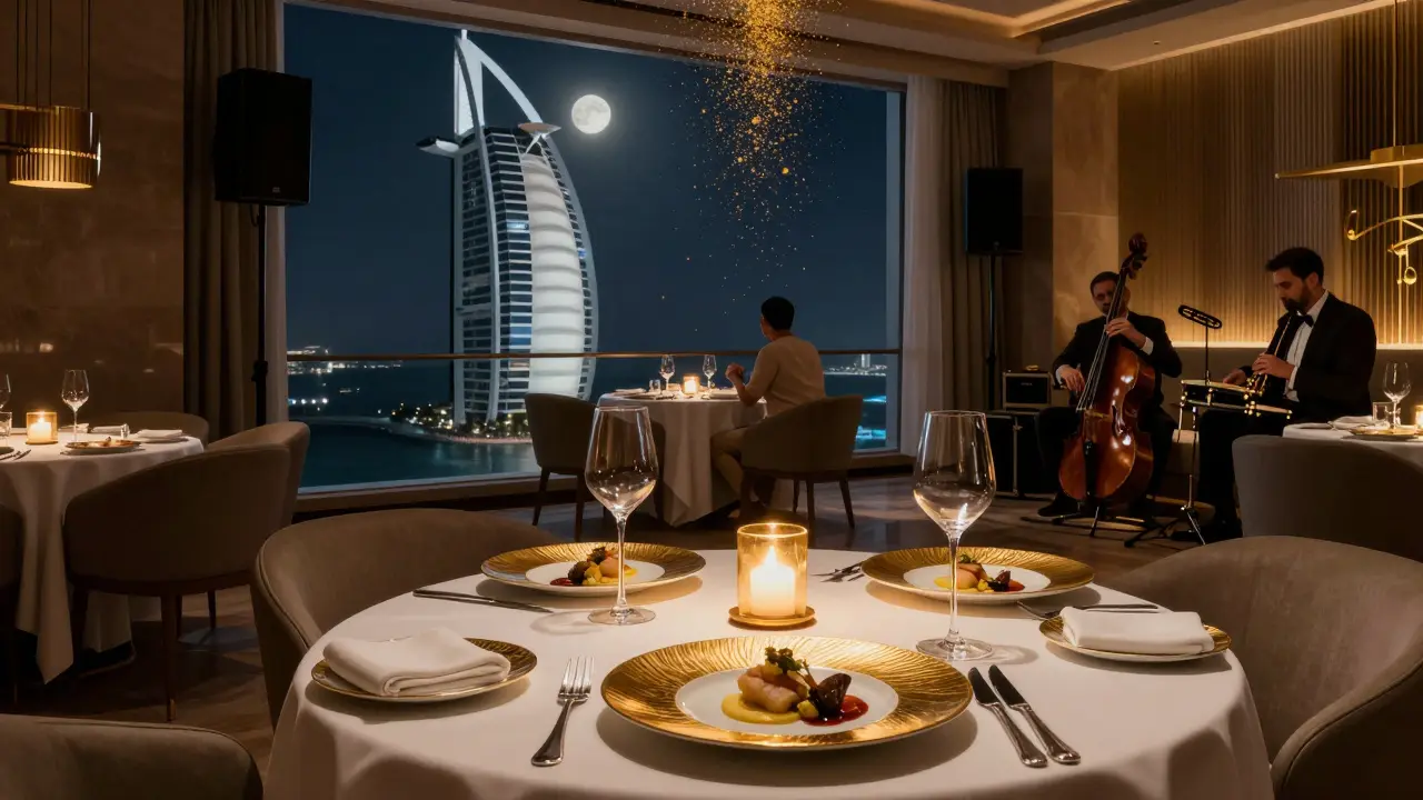 Private dining suite with gold-leafed dishes and jazz music in the background.