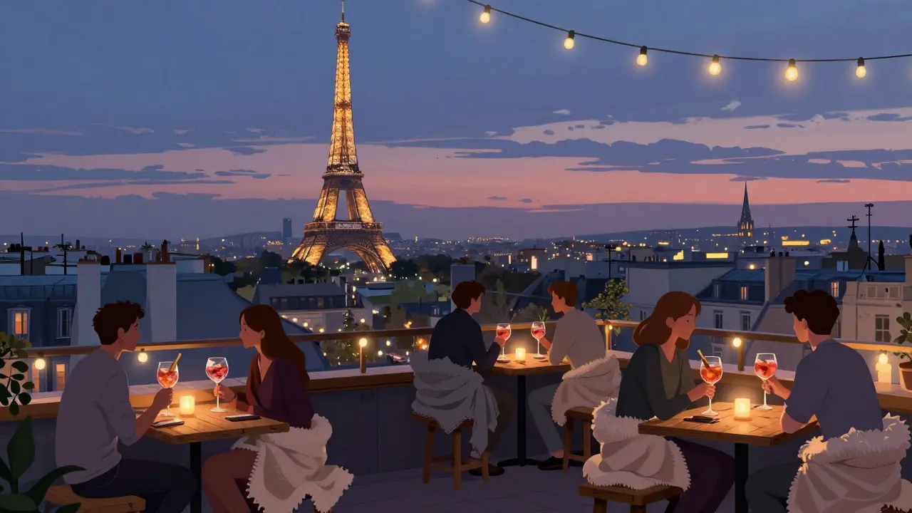 Rooftop bar with city lights and Eiffel Tower glowing in background, patrons relaxed under string lights.