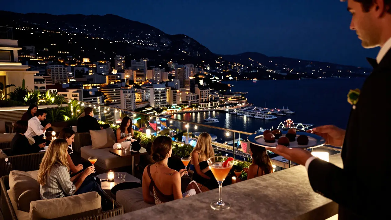 Rooftop bar with panoramic harbor view, guests enjoying cocktails under string lights at night.