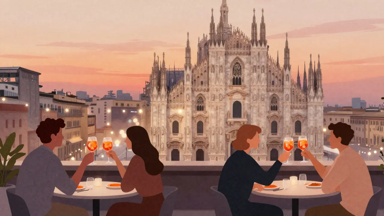 Rooftop terrace at sunset with Milan's Duomo in background and Aperol Spritz glasses