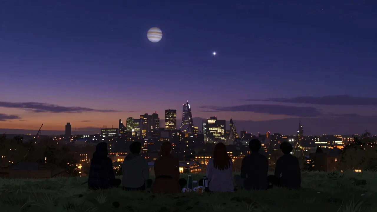 Silhouettes of people sit on Primrose Hill at dusk, gazing at stars above London's skyline in peaceful stillness.