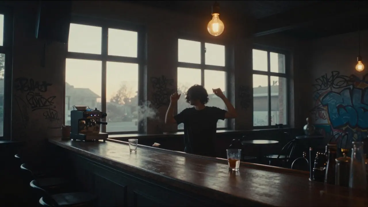 Solitary dancer at Blu club at dawn, espresso steaming beside an empty bar.