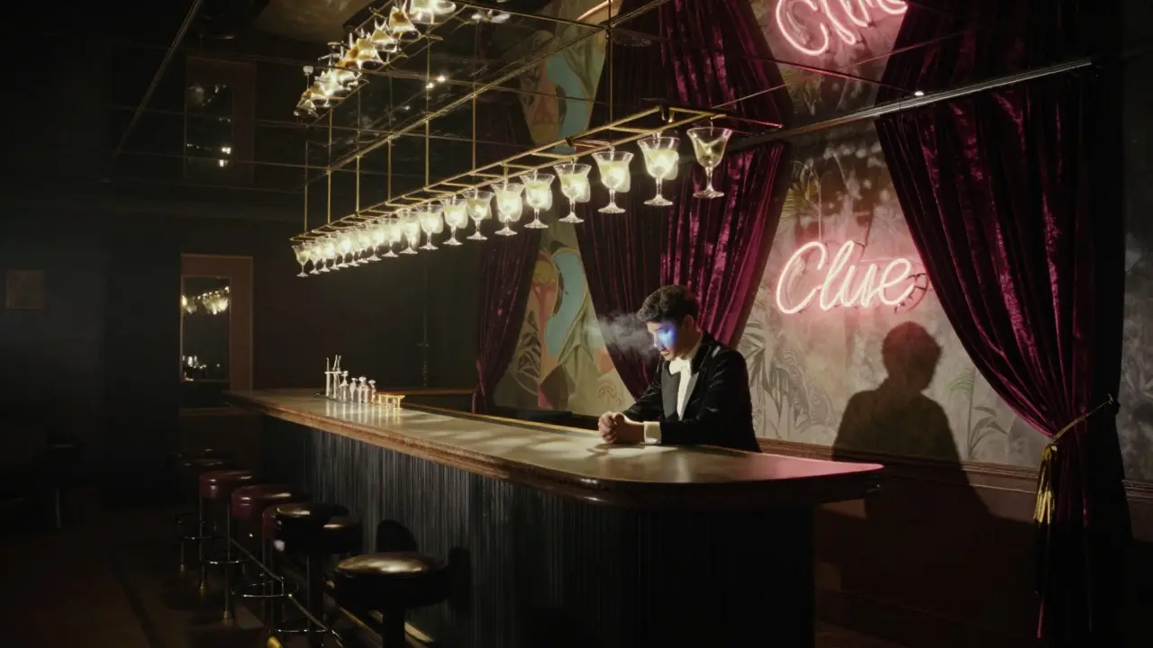 The Curtain Club with mirrored ceiling, glowing cocktails, and dramatic shadows in moody lighting.