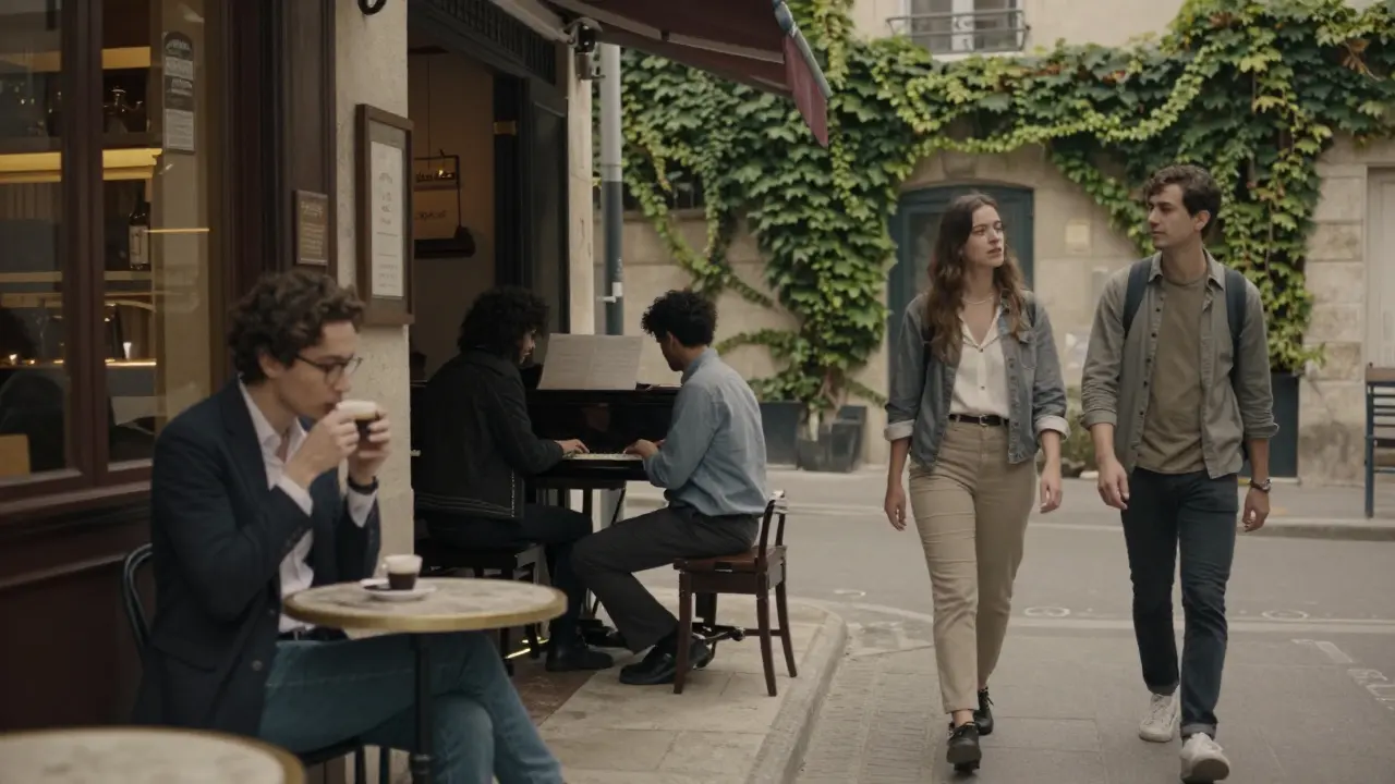 Three travelers share quiet, meaningful moments with companions in hidden Parisian spots at dawn and dusk.