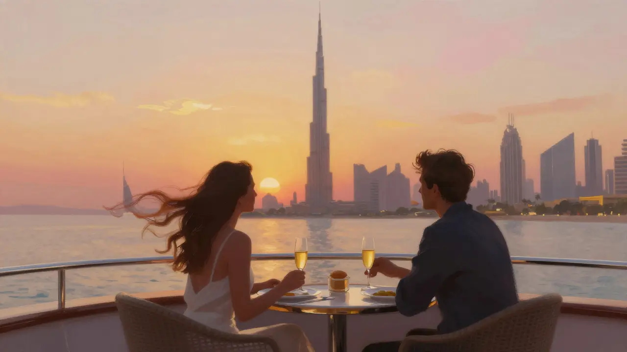 Two silhouettes enjoy a quiet sunset dinner on a private yacht overlooking Dubai's skyline.