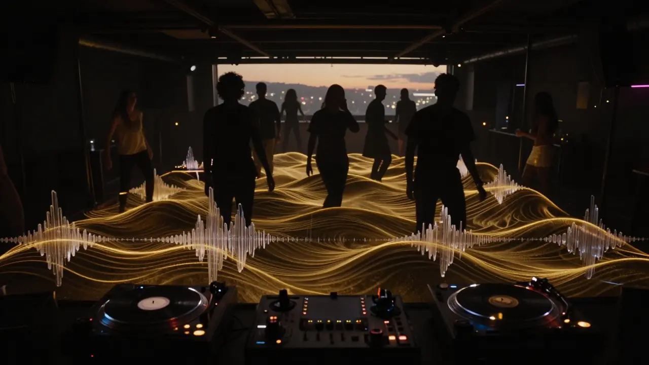 Underground dance club with silhouetted dancers and golden sound waves in near darkness.