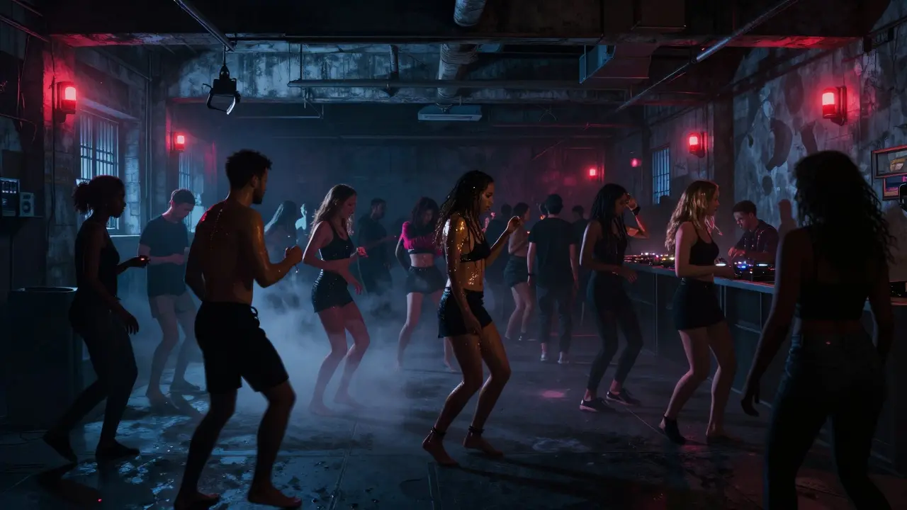 Underground techno club with dancers under strobe lights in a concrete warehouse.