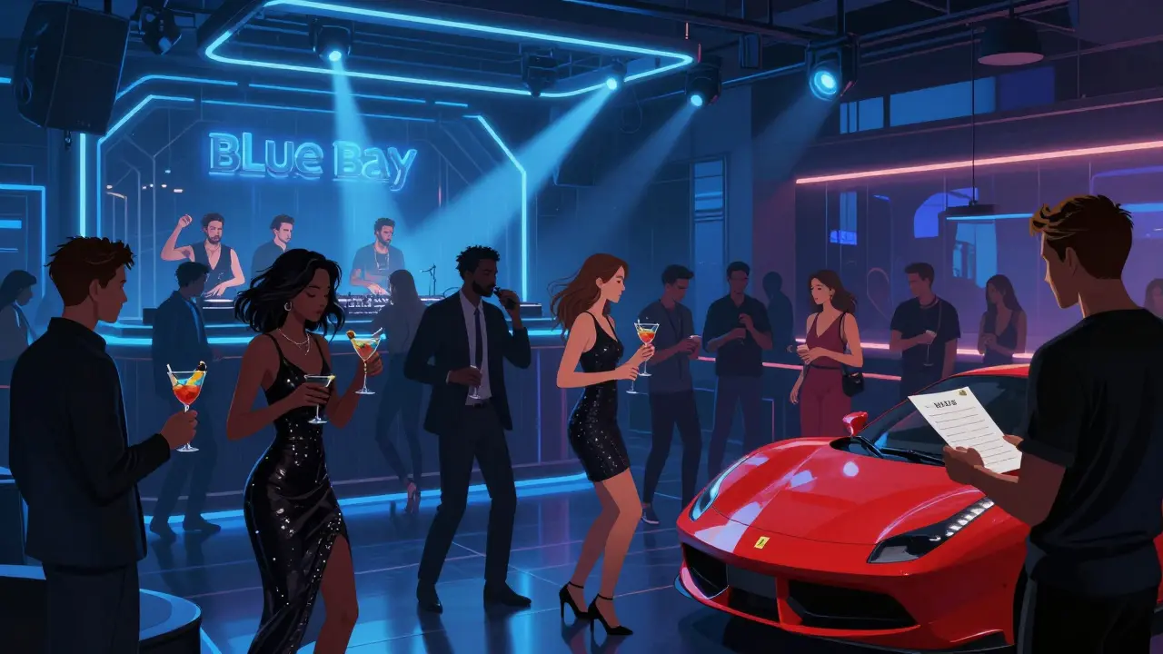 Vibrant nightclub scene at Blue Bay with DJs and dancing crowd under pulsing lights.