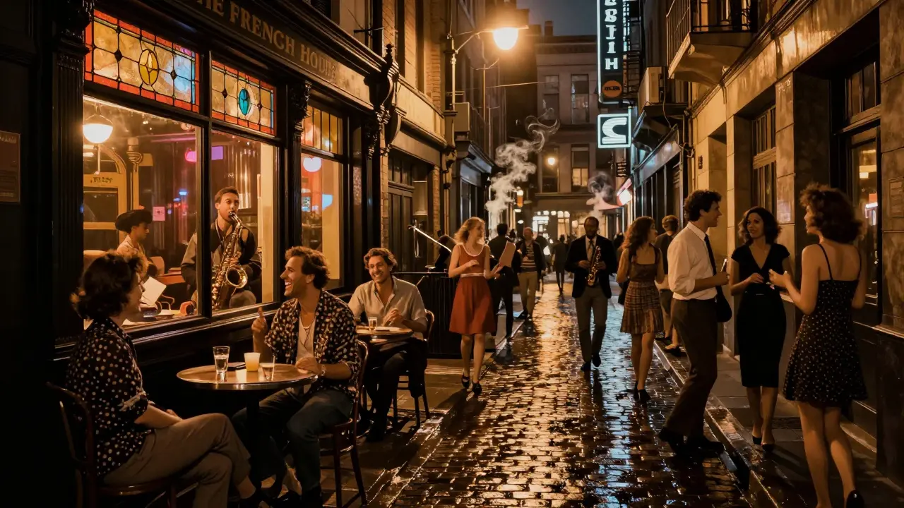 Vibrant Soho alley outside The French House with jazz music and mixed crowds under neon-lit windows.