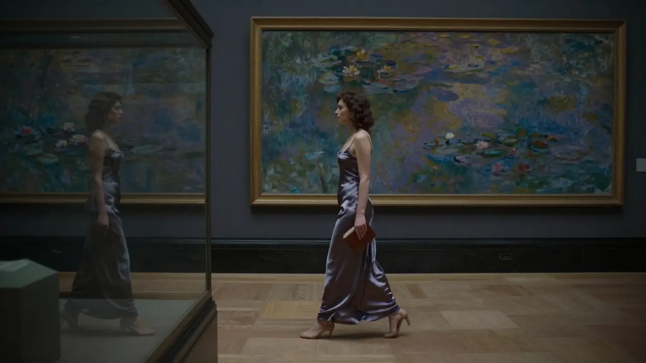 Woman in silk gown walking alone through empty Musée d’Orsay after hours.