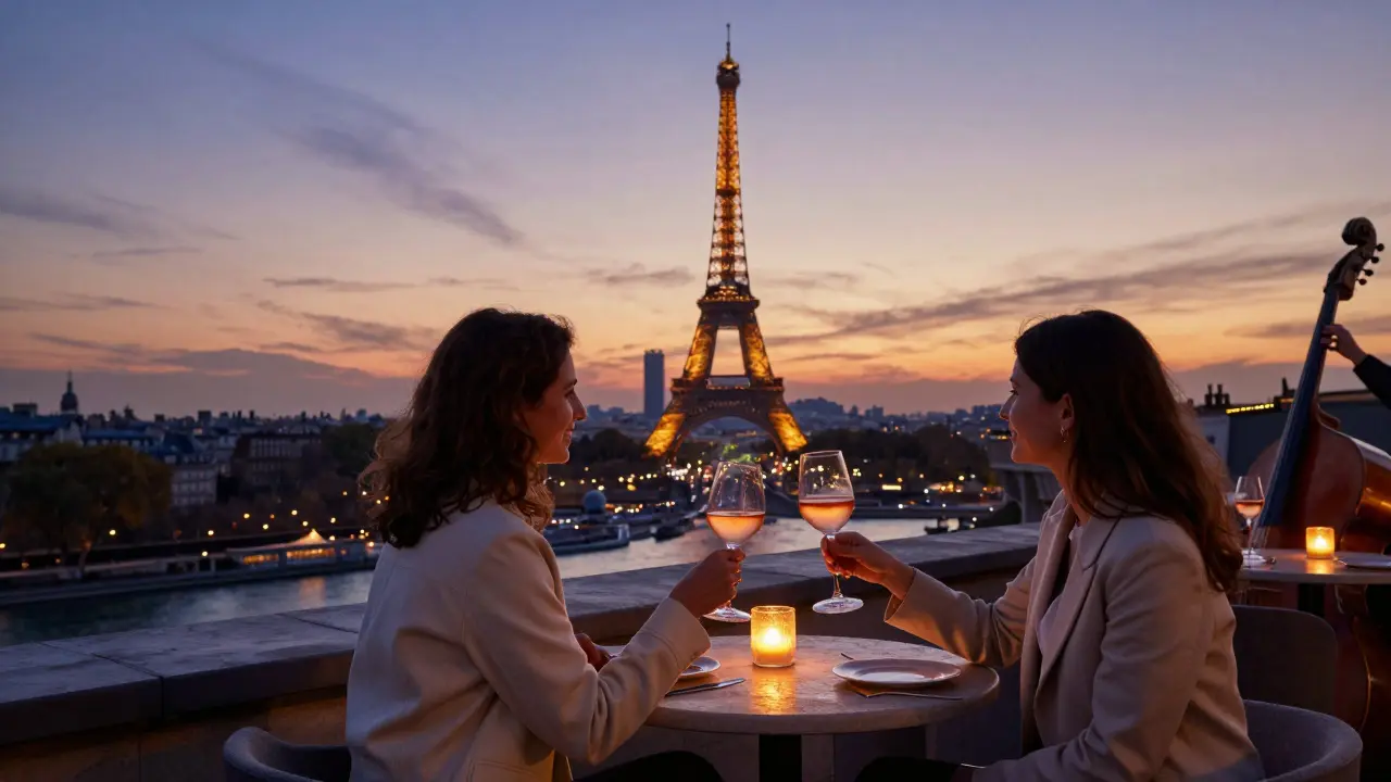 Women toasting on a rooftop terrace with the Eiffel Tower glowing in the background at dusk.