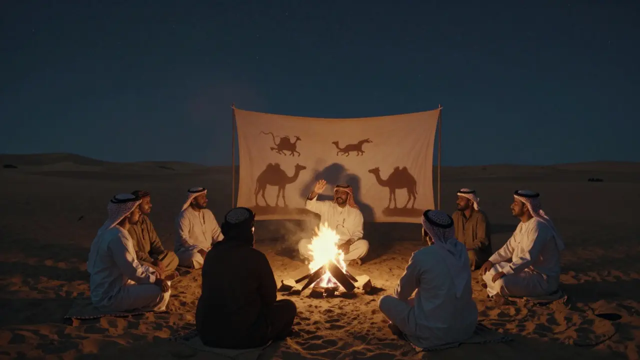 A Bedouin storyteller performs under the stars beside a fire, with guests seated in a circle as shadow puppets dance.