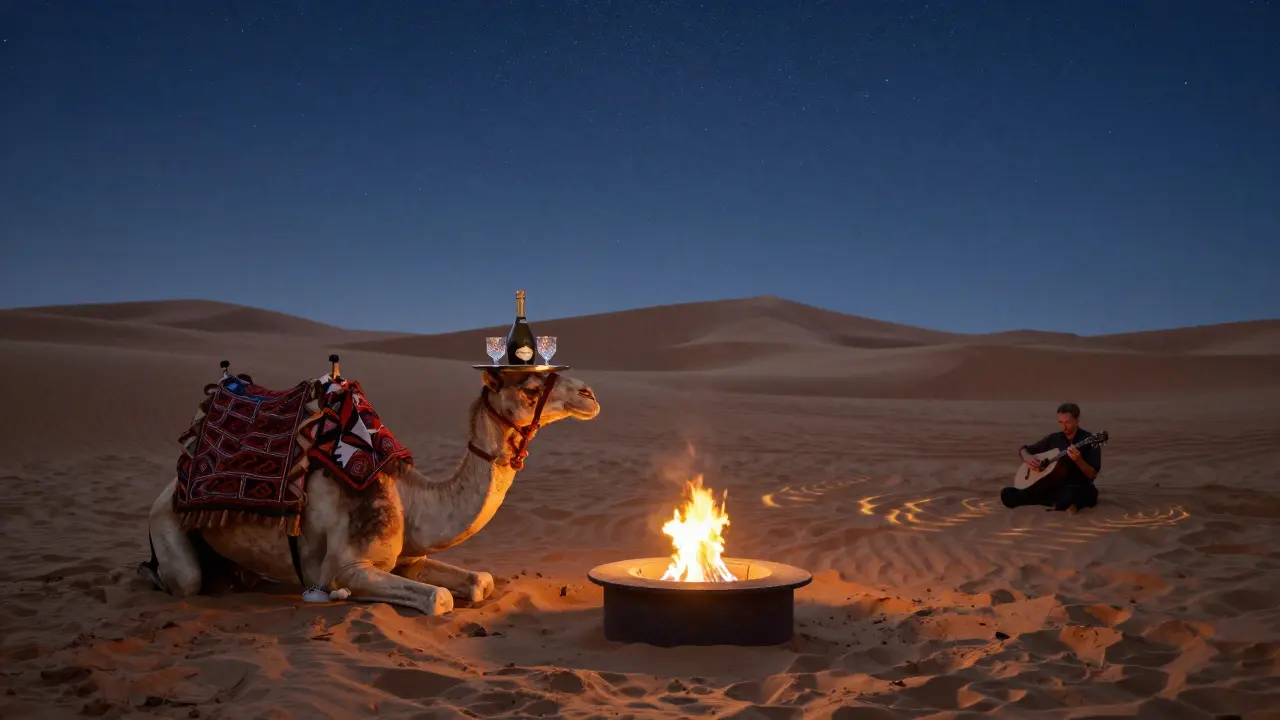 A camel delivering champagne in the desert under a starry sky, firelight glowing on sand dunes.