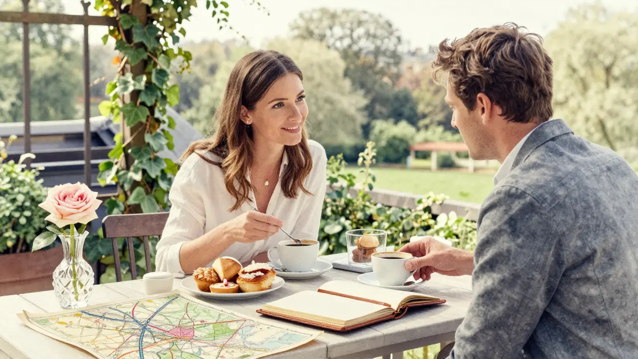 A companion and client sharing a peaceful breakfast on a private rooftop garden overlooking Hyde Park.