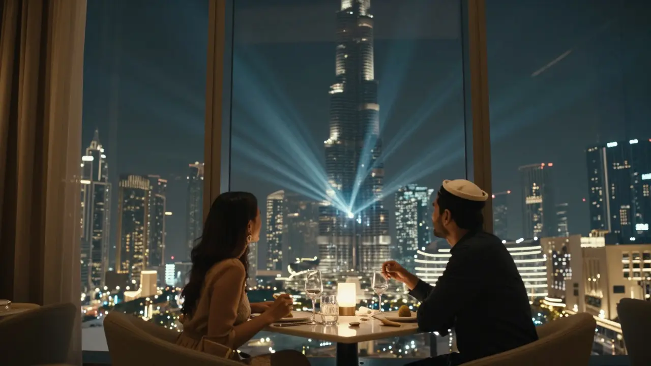 A couple dining as the Dubai skyline rotates around them in a revolving restaurant.