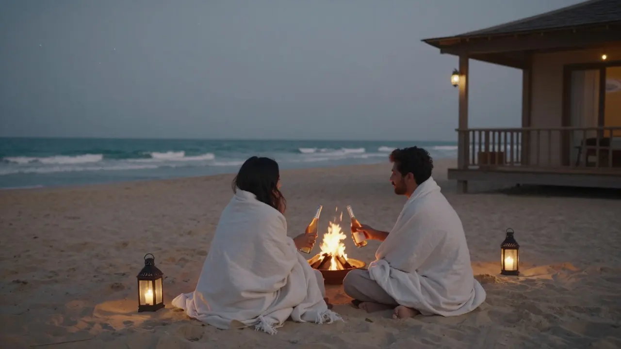 A couple relaxed on a beach terrace by a bonfire, sharing wine under the stars.