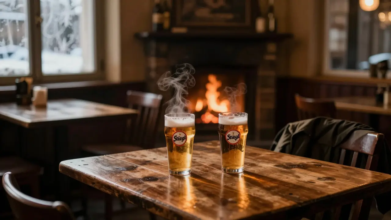 A cozy Berlin weekend pub in winter, with a fireplace, two beer mugs on a wooden table, and frost on the window.
