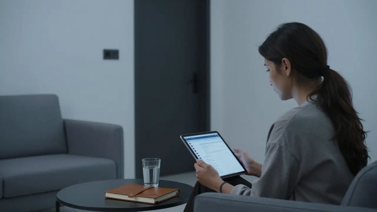 A discreet meeting space in Abu Dhabi with an encrypted device and notebook, suggesting private, vetted companionship.