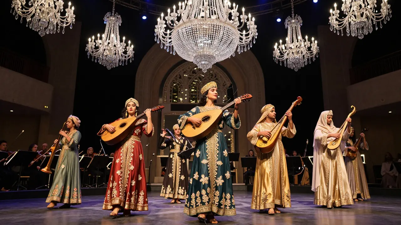 A grand Arabic opera on stage with performers in ornate embroidered costumes and golden headpieces.