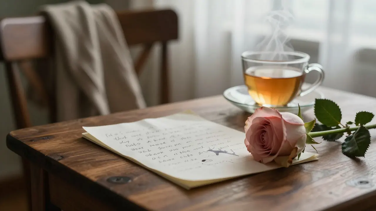 A handwritten note and a single rose on a wooden table, with a steaming cup of tea nearby.