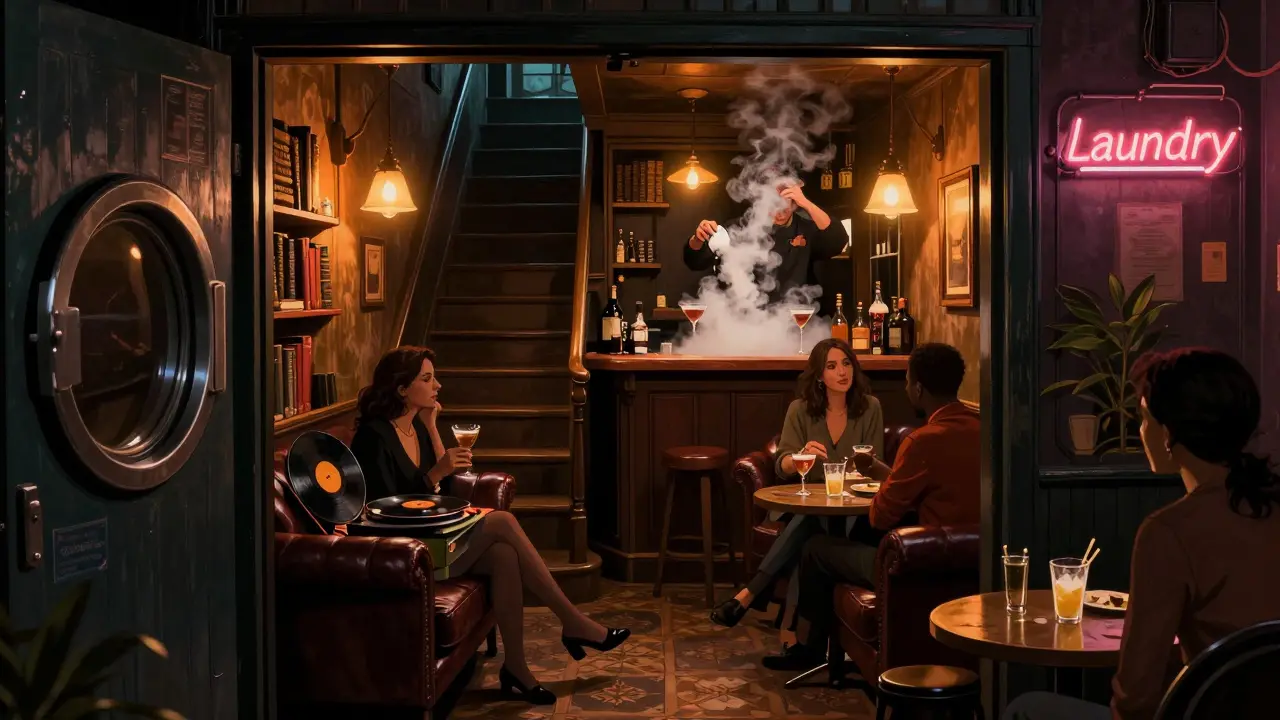 A hidden speakeasy behind a laundry door, lit by warm lamps with a bartender mixing smoky cocktails.