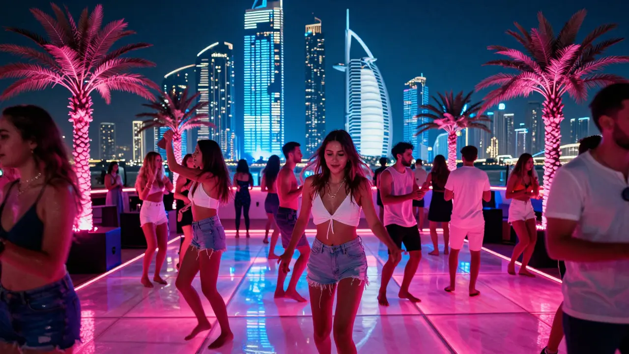 A high-energy nightclub with glowing LED lights and people dancing barefoot on a heated floor, the Dubai skyline glowing behind them.