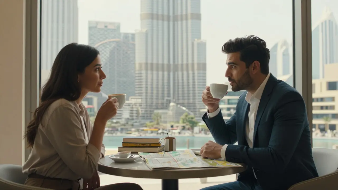 A man and woman having coffee at a Dubai café, enjoying quiet conversation with the Burj Khalifa in the background.