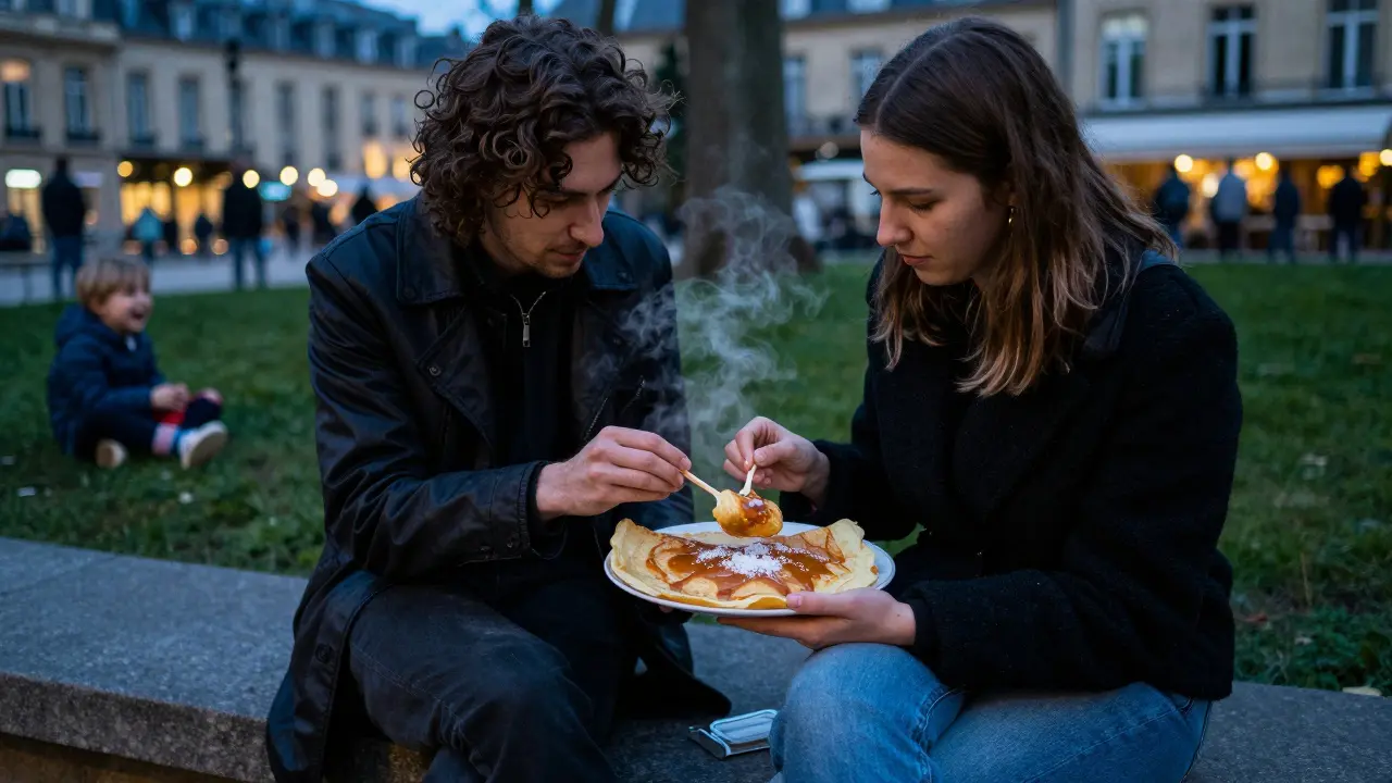 A man and woman share a warm crêpe on a bench near Luxembourg Gardens, bathed in soft city lights.