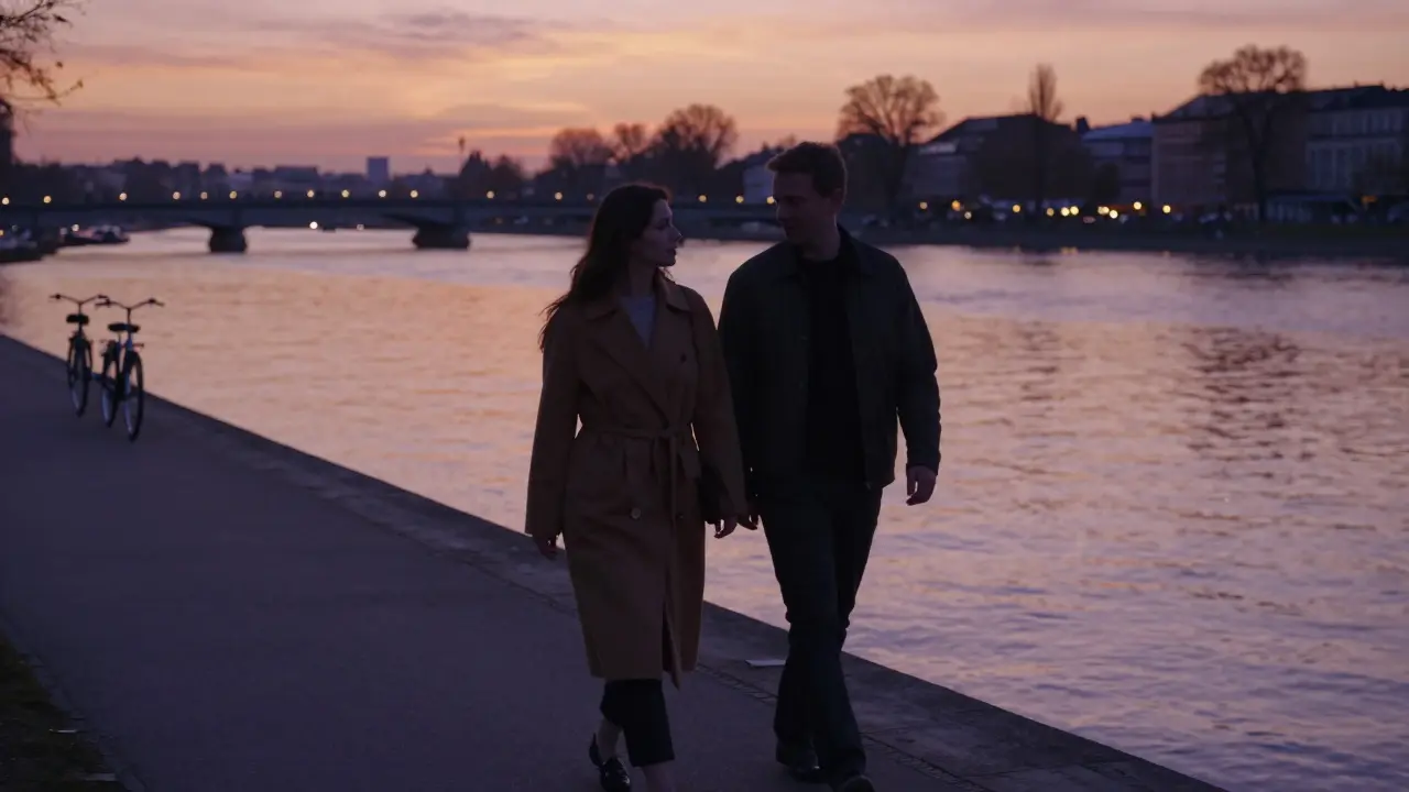 A man and woman walking peacefully along the Spree River at sunset, their proximity conveying quiet connection.