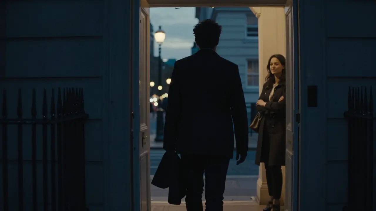 A man leaving an escort's residence at dusk, both parties sharing quiet mutual respect.