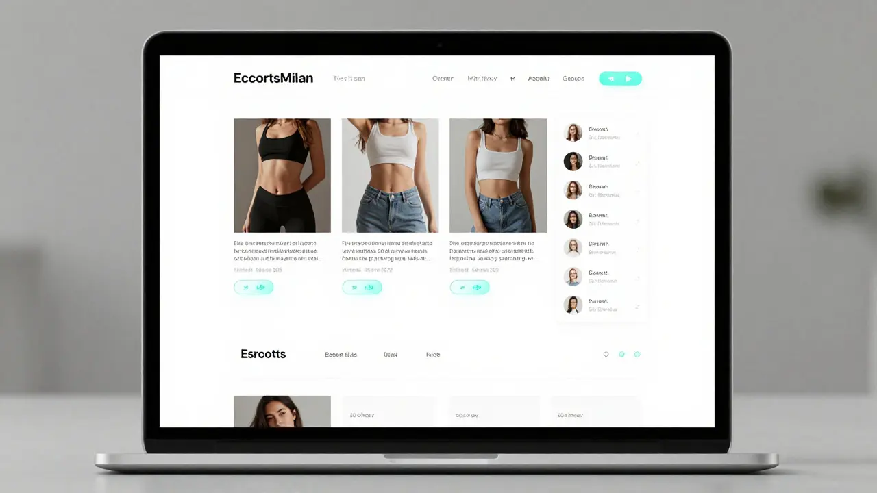 A minimalist escort service website interface showing verified profiles with no faces, only style descriptions and client reviews.