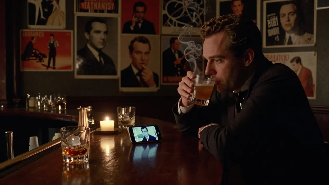 A person sipping a film-themed cocktail while watching a Hitchcock film on their phone at The Locksmith bar.