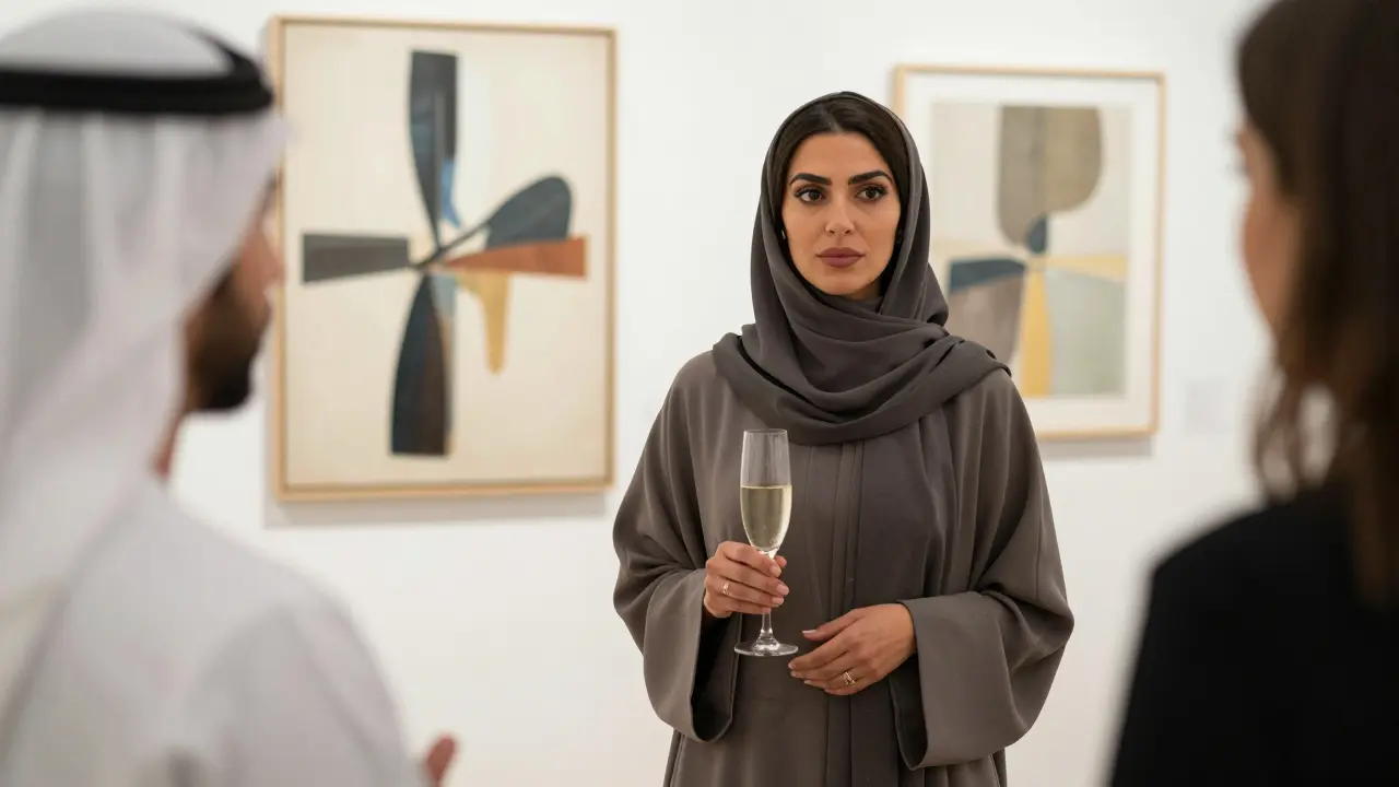 A poised woman in a tailored abaya at an art gallery, engaging in thoughtful conversation.