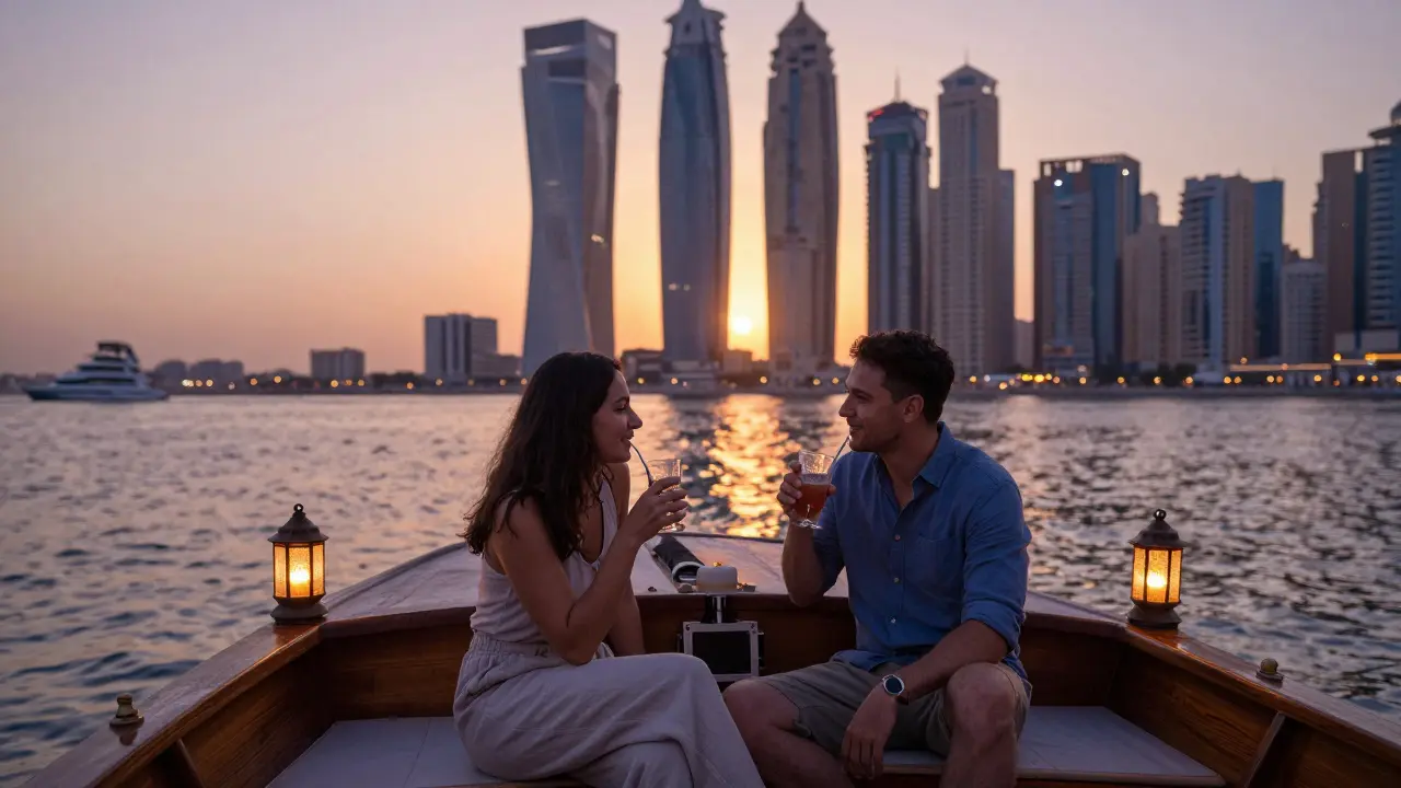 A private dhow cruise at sunset along Dubai Marina with city skyline in the distance.