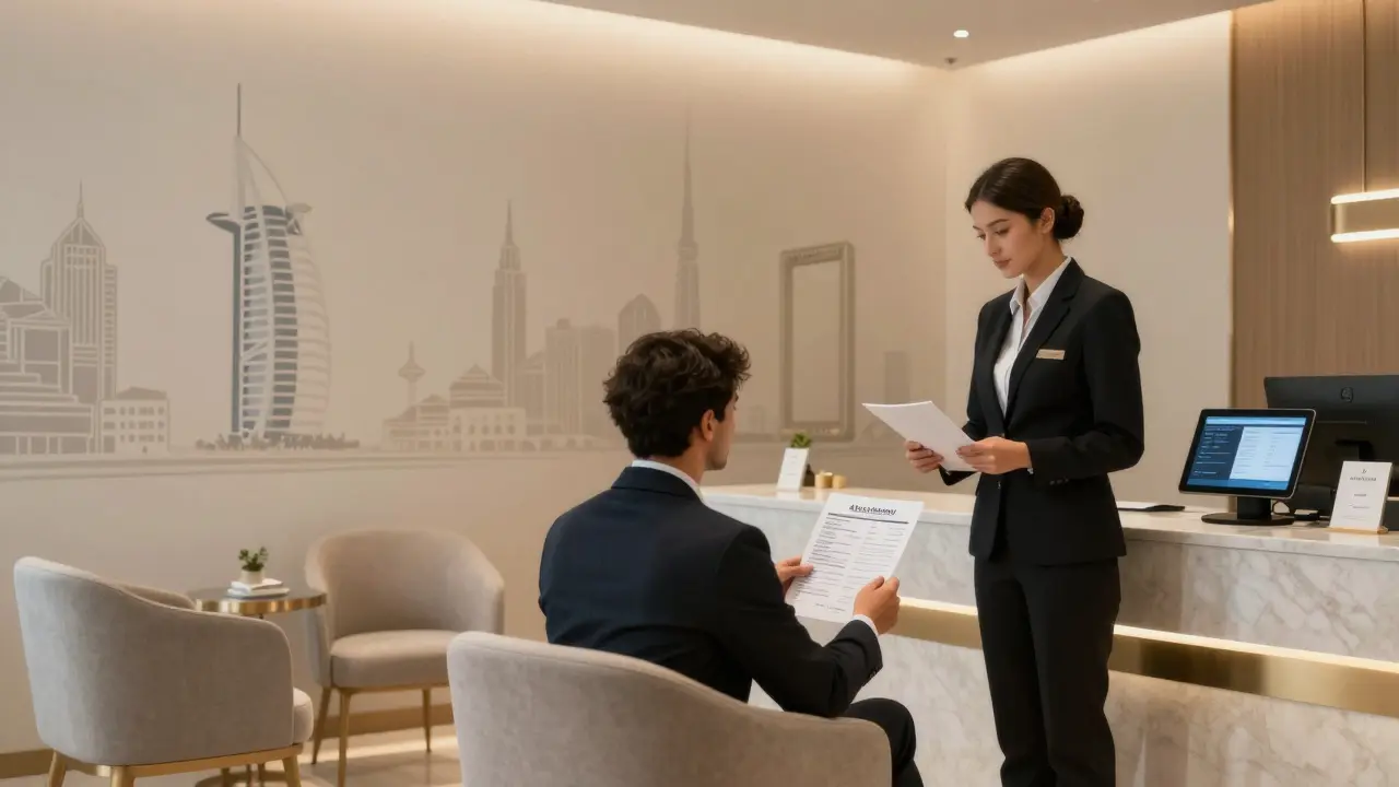 A professional escort agency lounge with minimalist decor and digital booking system.