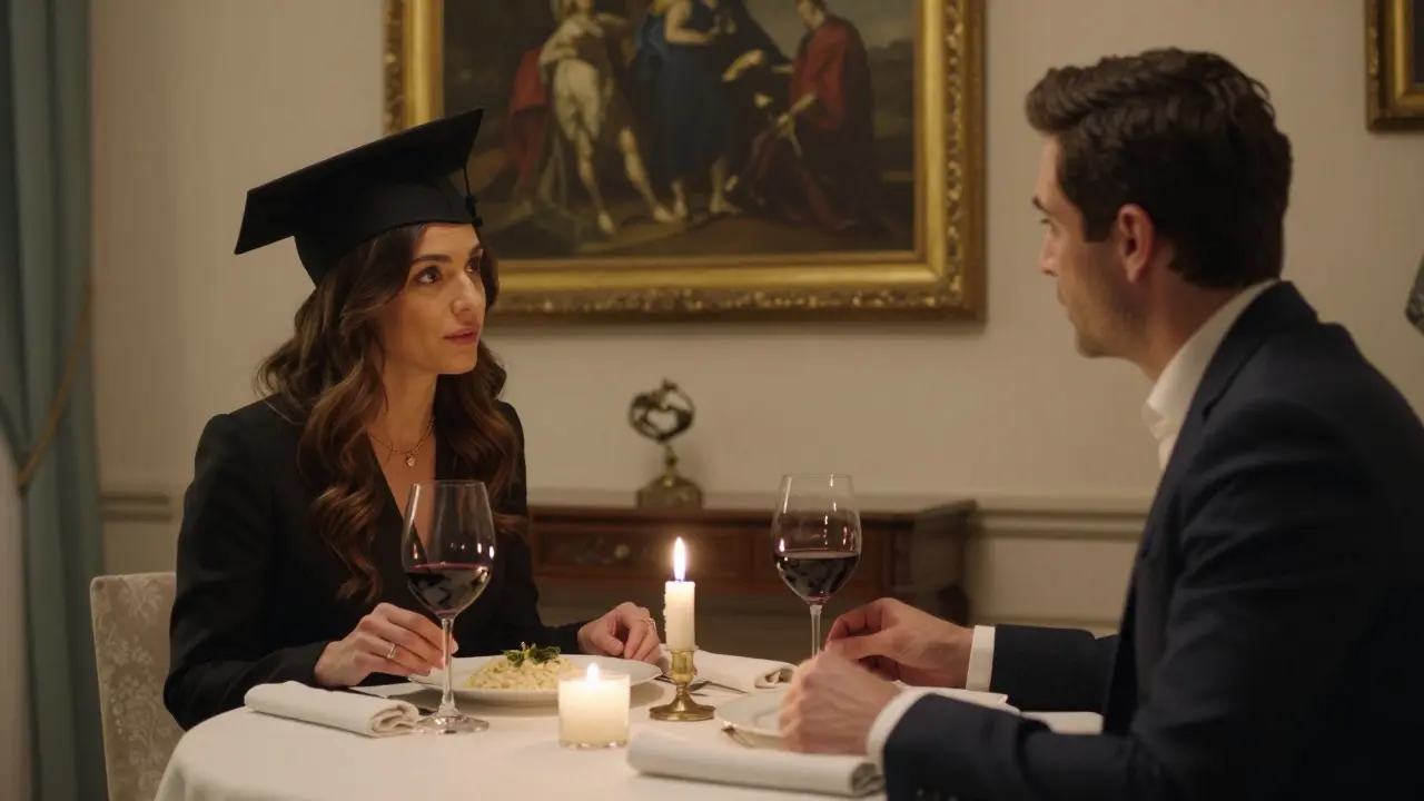 A quiet dinner between two people in a luxury hotel suite, candlelight reflecting off fine china.