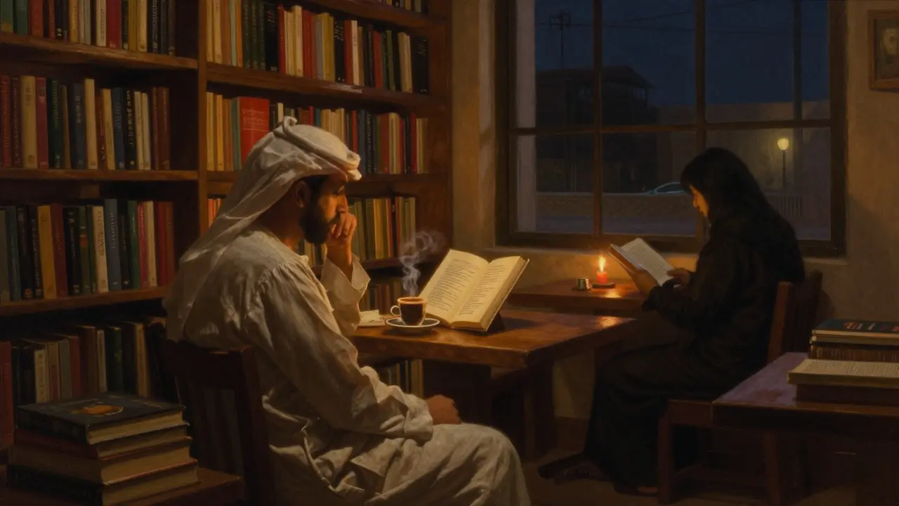A quiet moment at The Bookstore: a reader immersed in poetry under warm lamplight at midnight.