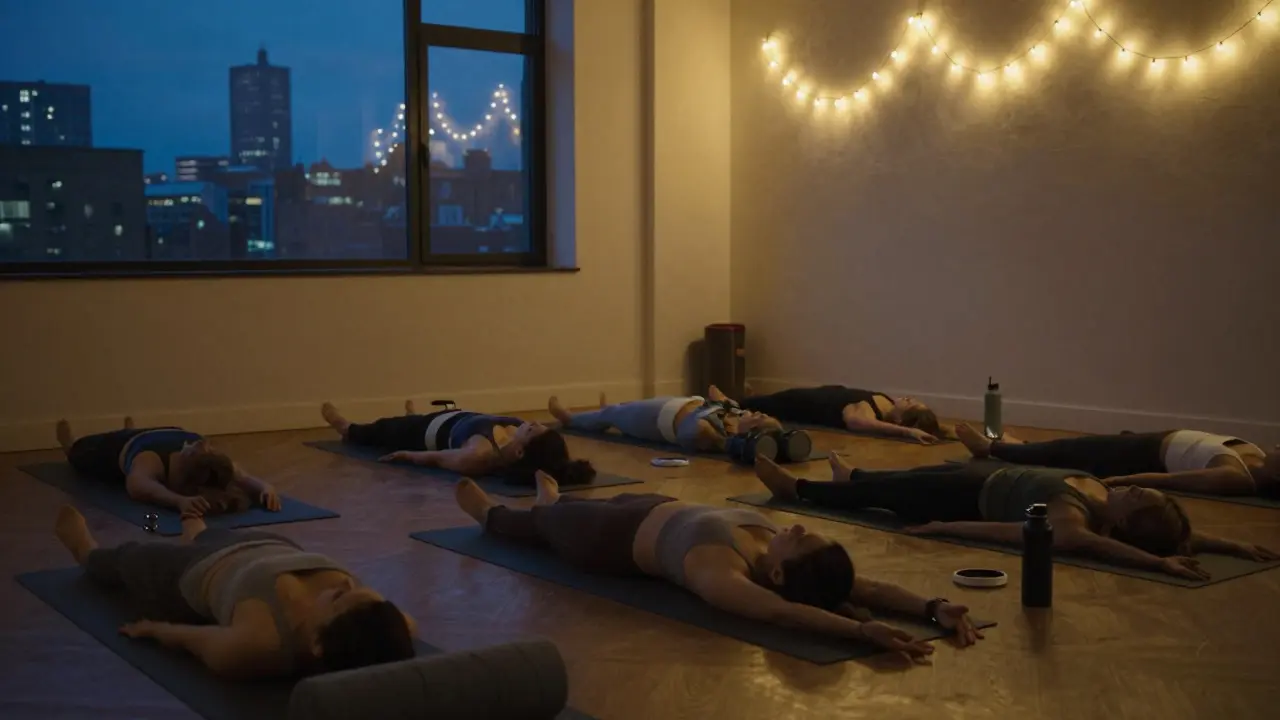 A quiet nighttime yoga class under string lights in a London studio.