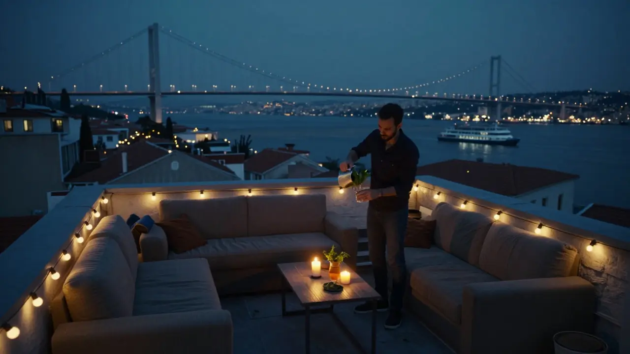 A quiet rooftop bar in Beşiktaş with mismatched couches, string lights, and the Bosphorus Bridge in the distance.