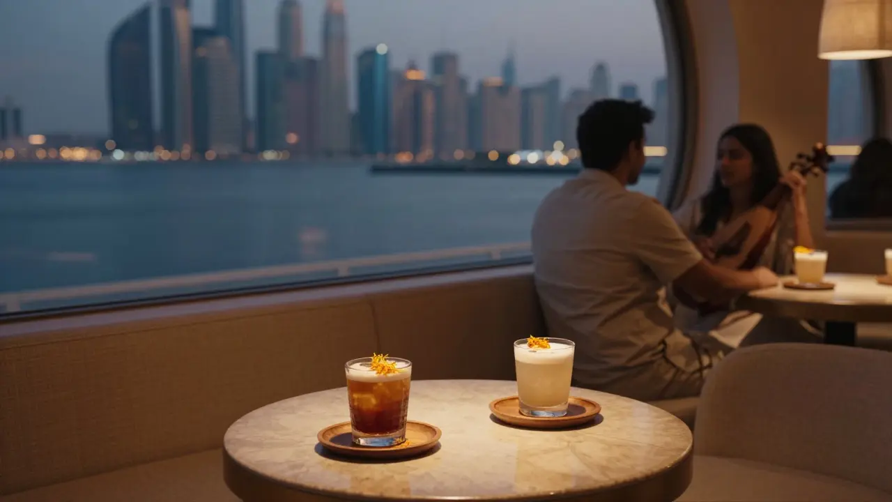 A quiet rotating lounge with a couple watching the marina pass by, sipping craft cocktails under warm, intimate lighting.