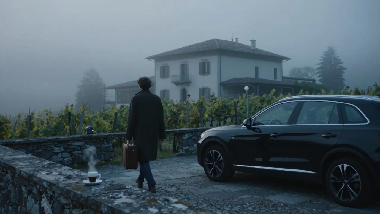 A solitary figure walking away from a secluded countryside villa at dawn.