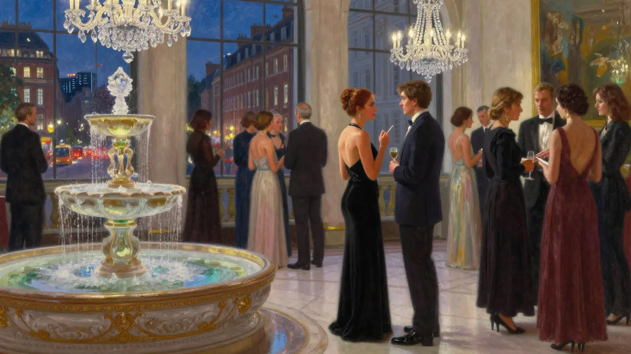 A sophisticated companion engaging with guests at an exclusive Mayfair gala event.