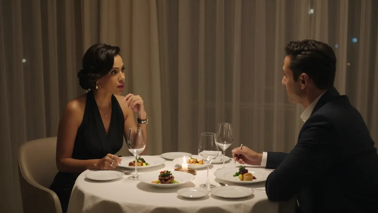 A sophisticated companion shares a quiet dinner with a client in a private hotel suite, engaged in thoughtful conversation.