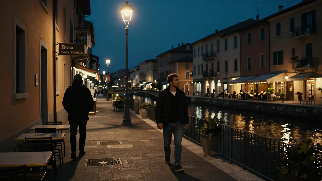 A traveler walking safely through Milan's Navigli district at night, avoiding a shadowy figure near a residential building.